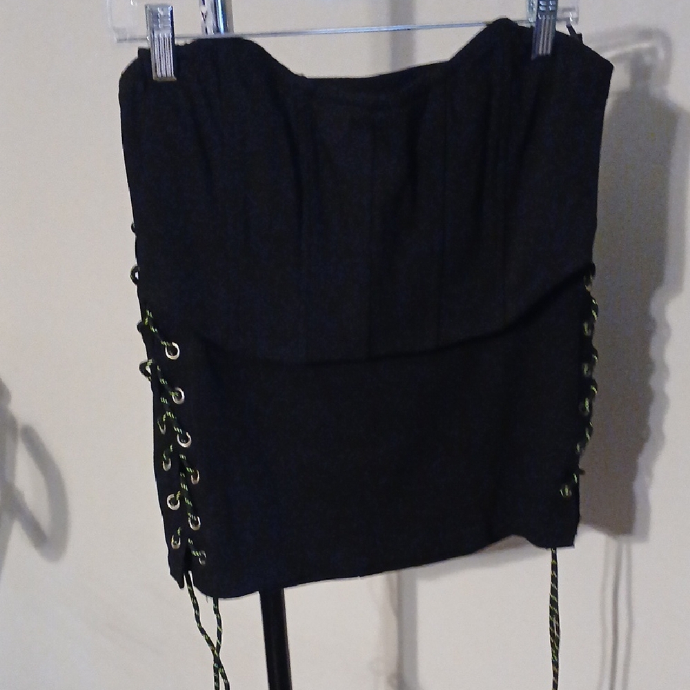 Black Mini Skirt with Green Lace-Up Sides